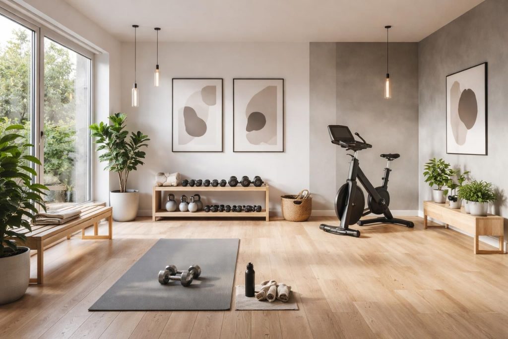 Décoration fitness pour votre espace gym maison avec matériaux motivants et design moderne