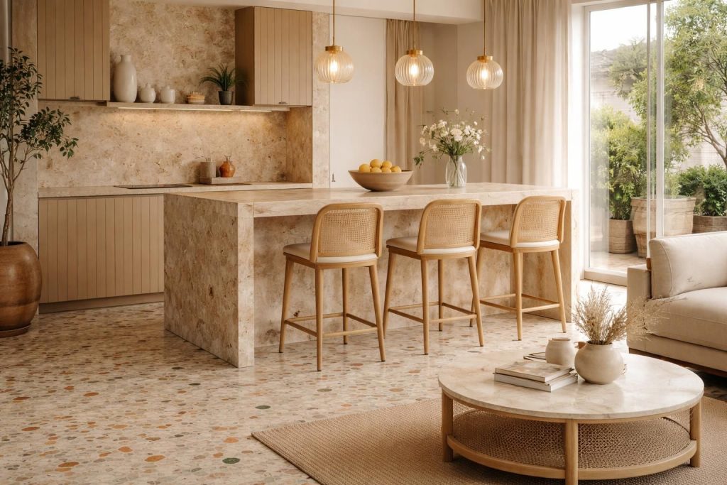 découvrez les tendances matières 2026 avec le charme unique du terrazzo, l'élégance du travertin et la chaleur du cannage naturel pour sublimer vos intérieurs.