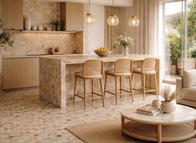 découvrez les tendances matières 2026 avec le charme unique du terrazzo, l'élégance du travertin et la chaleur du cannage naturel pour sublimer vos intérieurs.