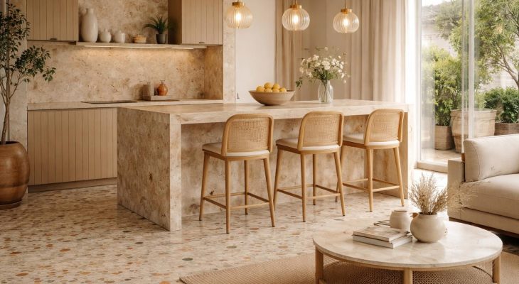découvrez les tendances matières 2026 avec le charme unique du terrazzo, l'élégance du travertin et la chaleur du cannage naturel pour sublimer vos intérieurs.