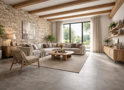 transformez votre intérieur avec le carrelage effet béton imola, les murs en pierre de parement et les éléments en bois pour un style moderne et chaleureux.