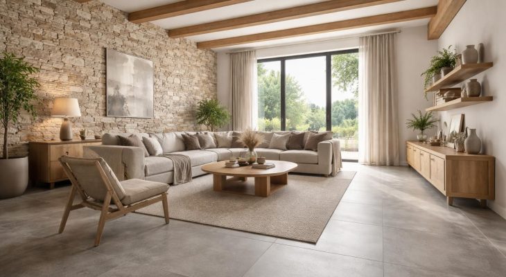 transformez votre intérieur avec le carrelage effet béton imola, les murs en pierre de parement et les éléments en bois pour un style moderne et chaleureux.